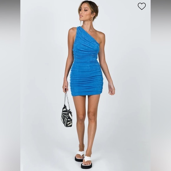Lioness icy light blue one shoulder ruched mini bodycon stretch soft dress, XXS - Picture 2 of 10